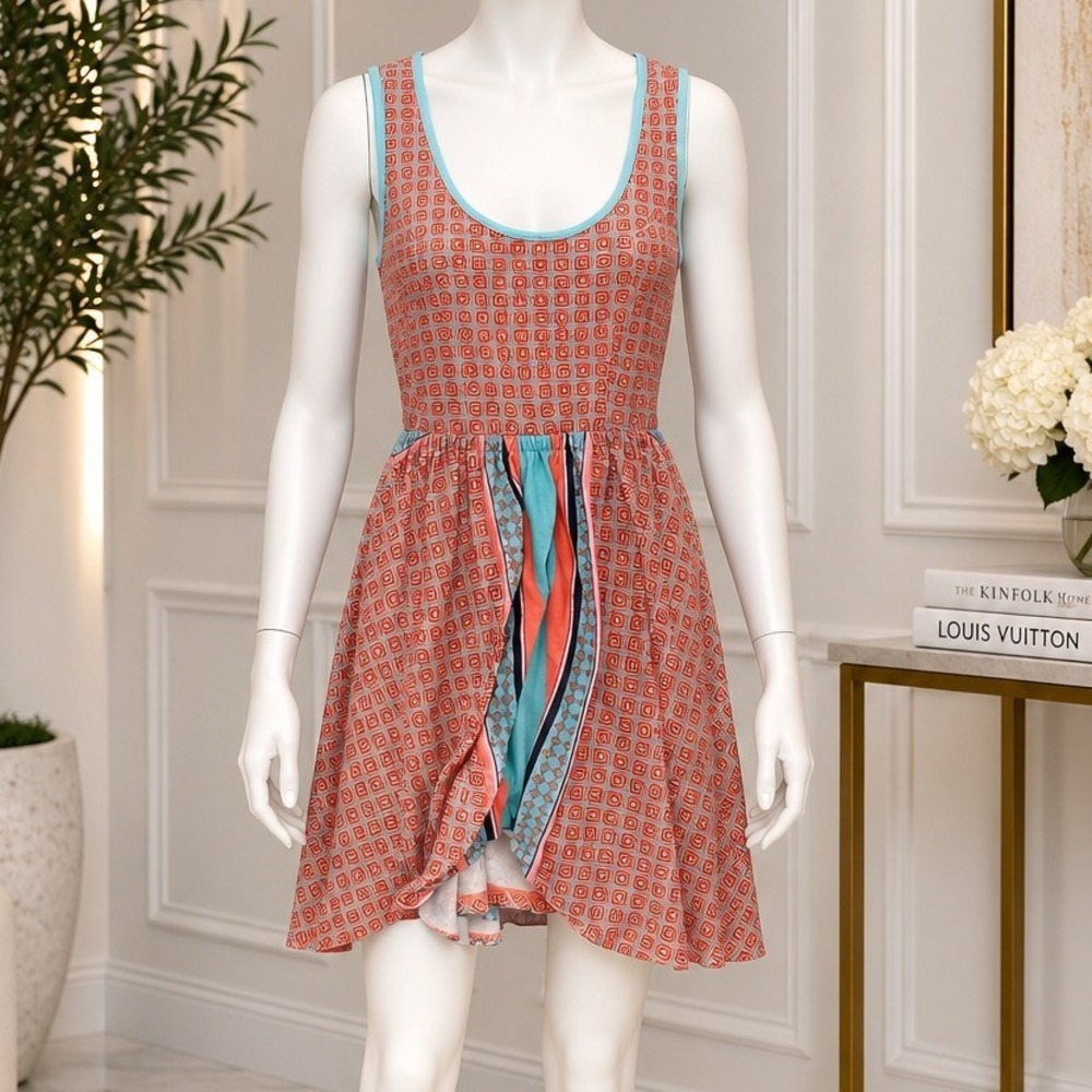 Love Fire Womens Mini Dress Geometric Print Cutout Back Tie Orange Blue XS